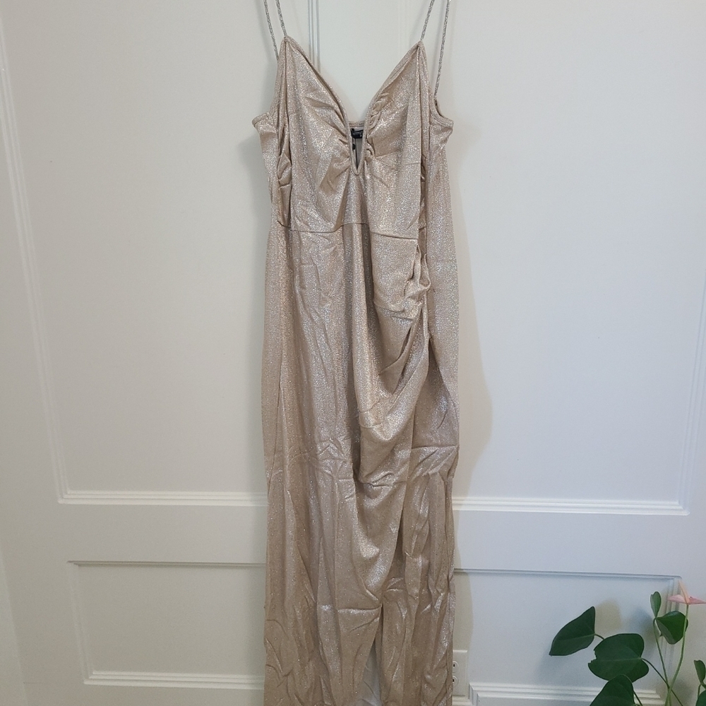 NWT Pretty Little Thing Silver Diamante Strap V Bar Glitter Party Dress Sz 18